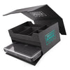 Black game case with compartments and a game disc, featuring 'Arkham Horror' branding.